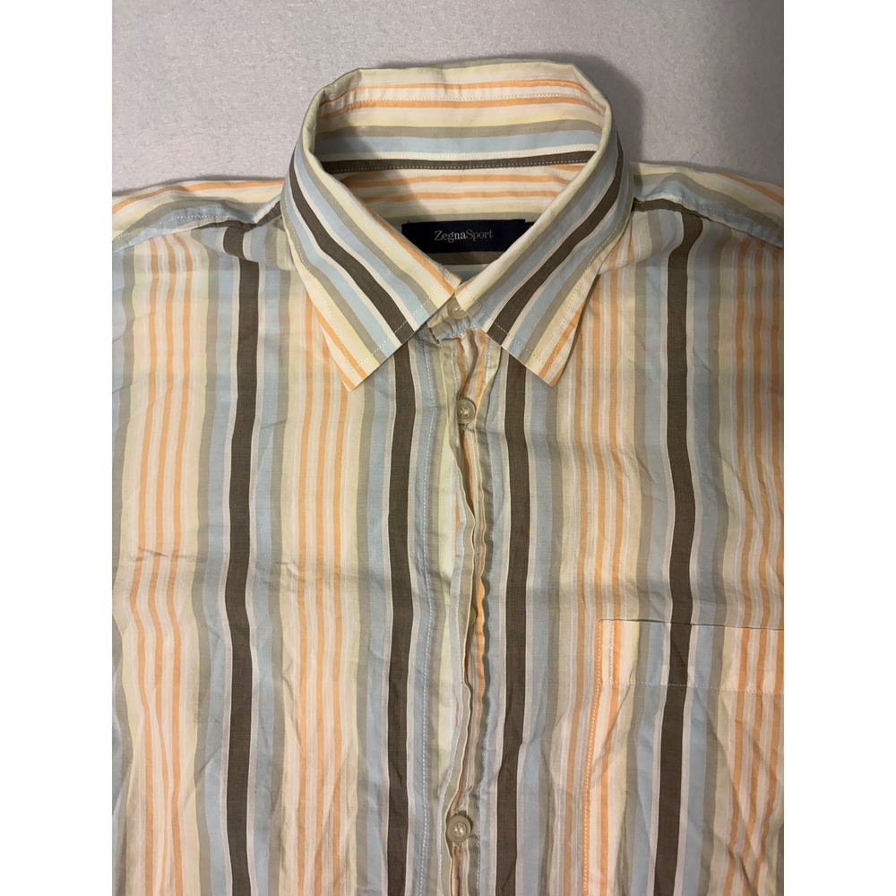 Zegna Sport Mens Striped Button Down Shirt Orange Blue Brown Size M